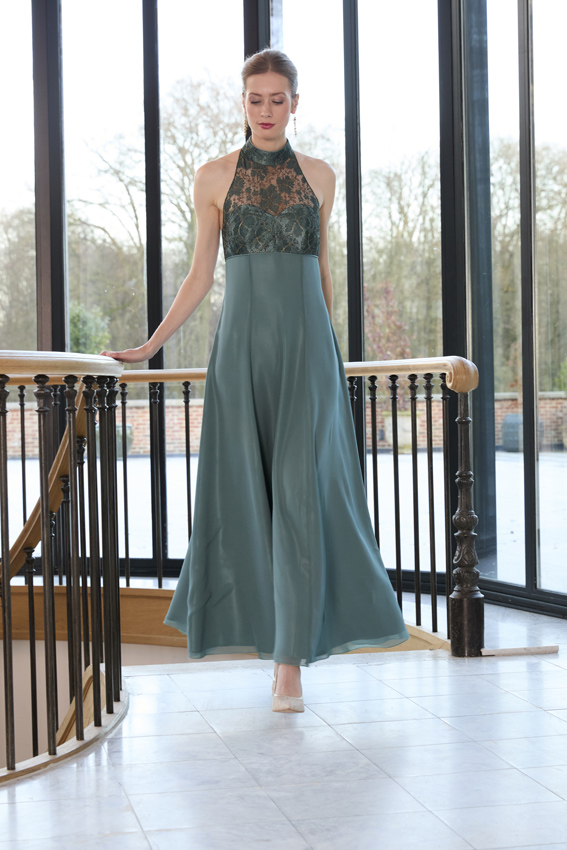 Robe de suite, robe de soirée verte avec dentelle